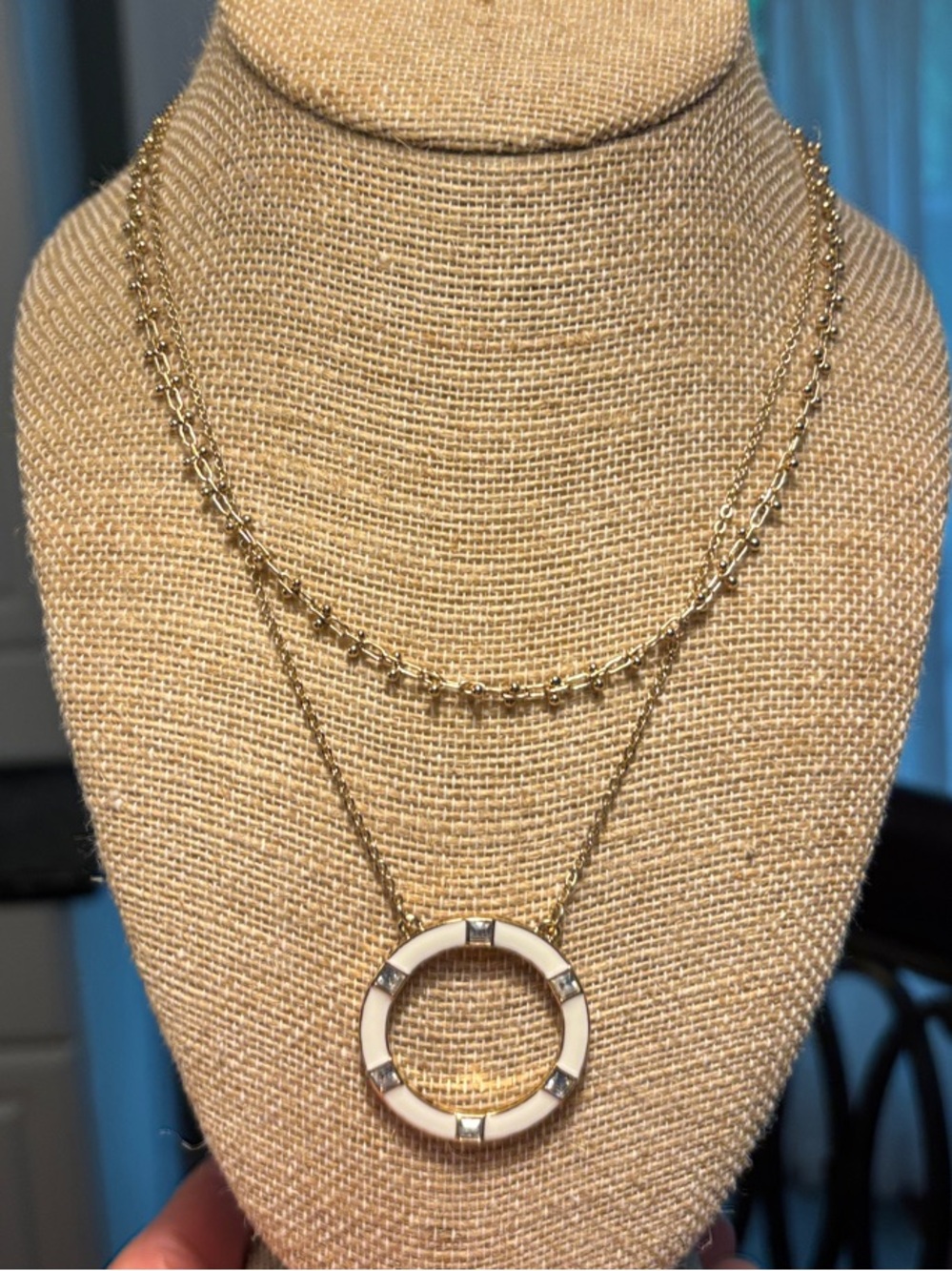 Park Lane “Mod” Gold Layered Necklace with White Enamel Circle Pendant